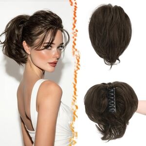 8" Claw Clip Short Human Hair Ponytail Extension with Bendable Metals -  Brown